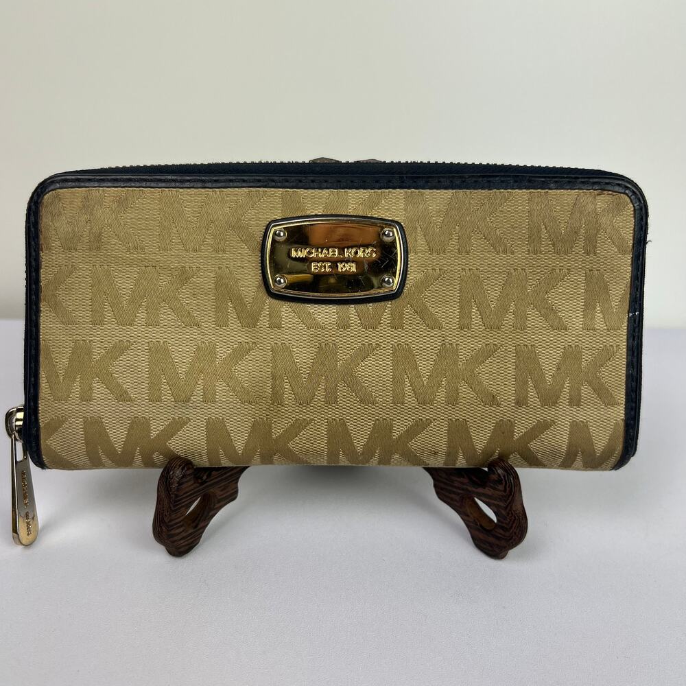 Michael Kors Canvas And Leather Tan & Navy Fabric Zip Around Wallet 8.5 inch